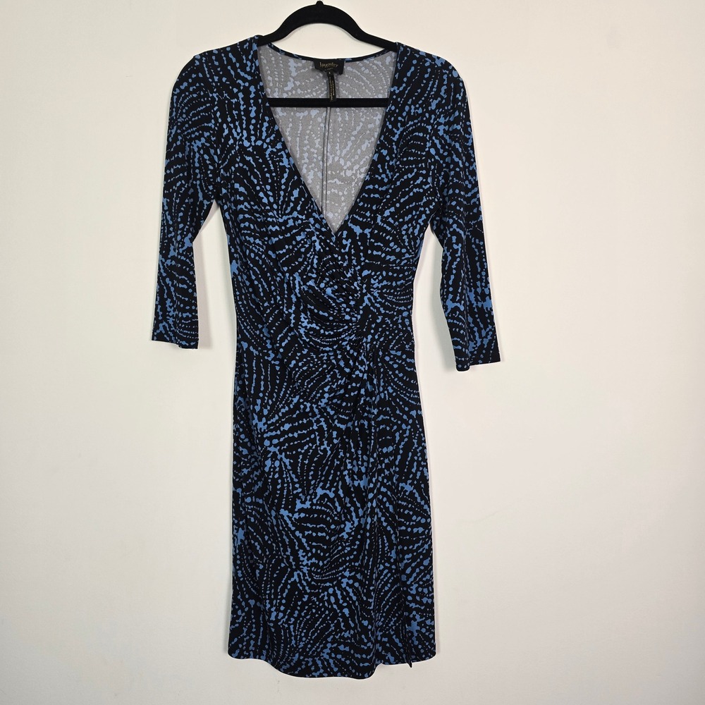 Laundry by Design Faux Wrap Dress Womens Small Blue Black Abstract Ruched Office
